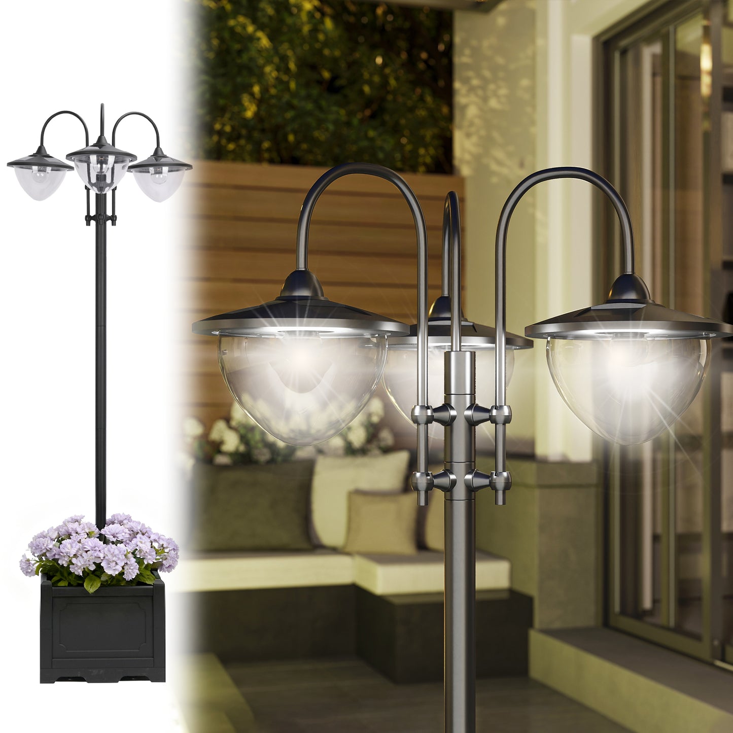 74.5" 3-Head Solar Lamp Post Light with Planter - Black