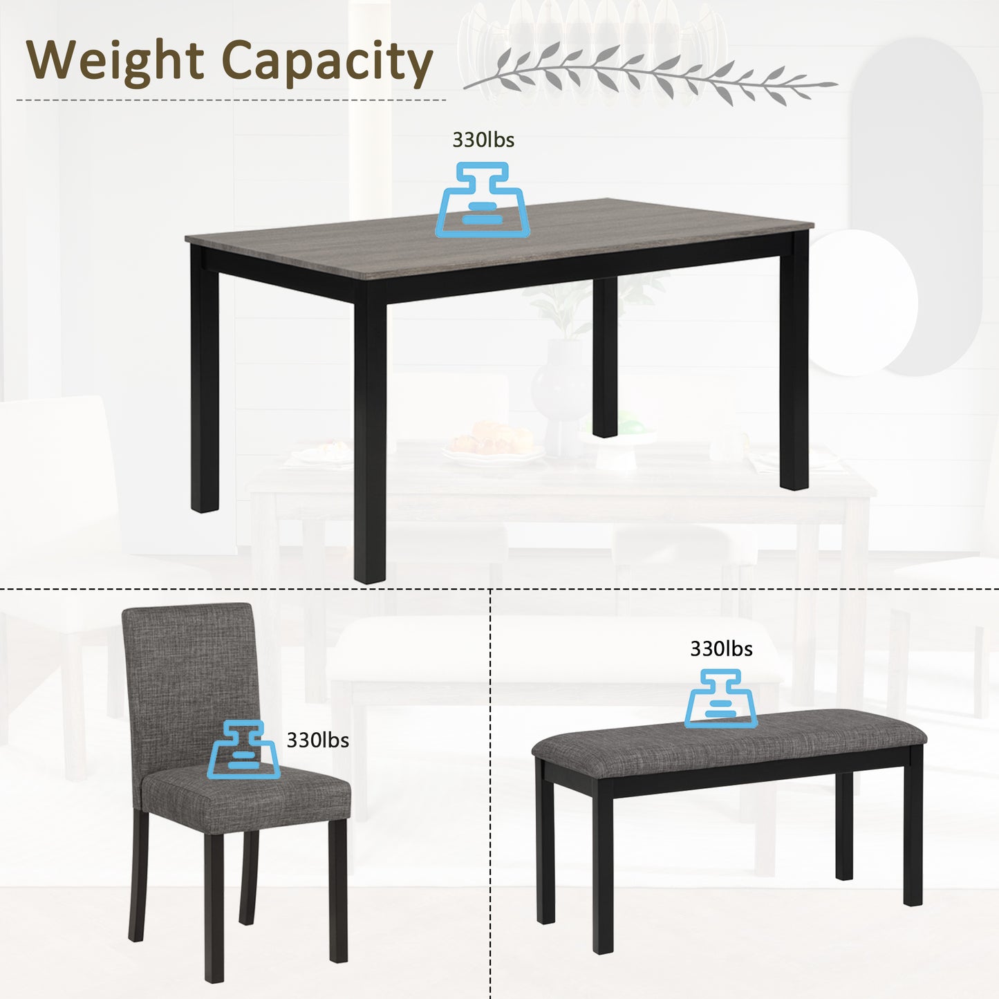 6-Piece Wooden Dining Table Set with Bench & Chairs - Light Grey & Black