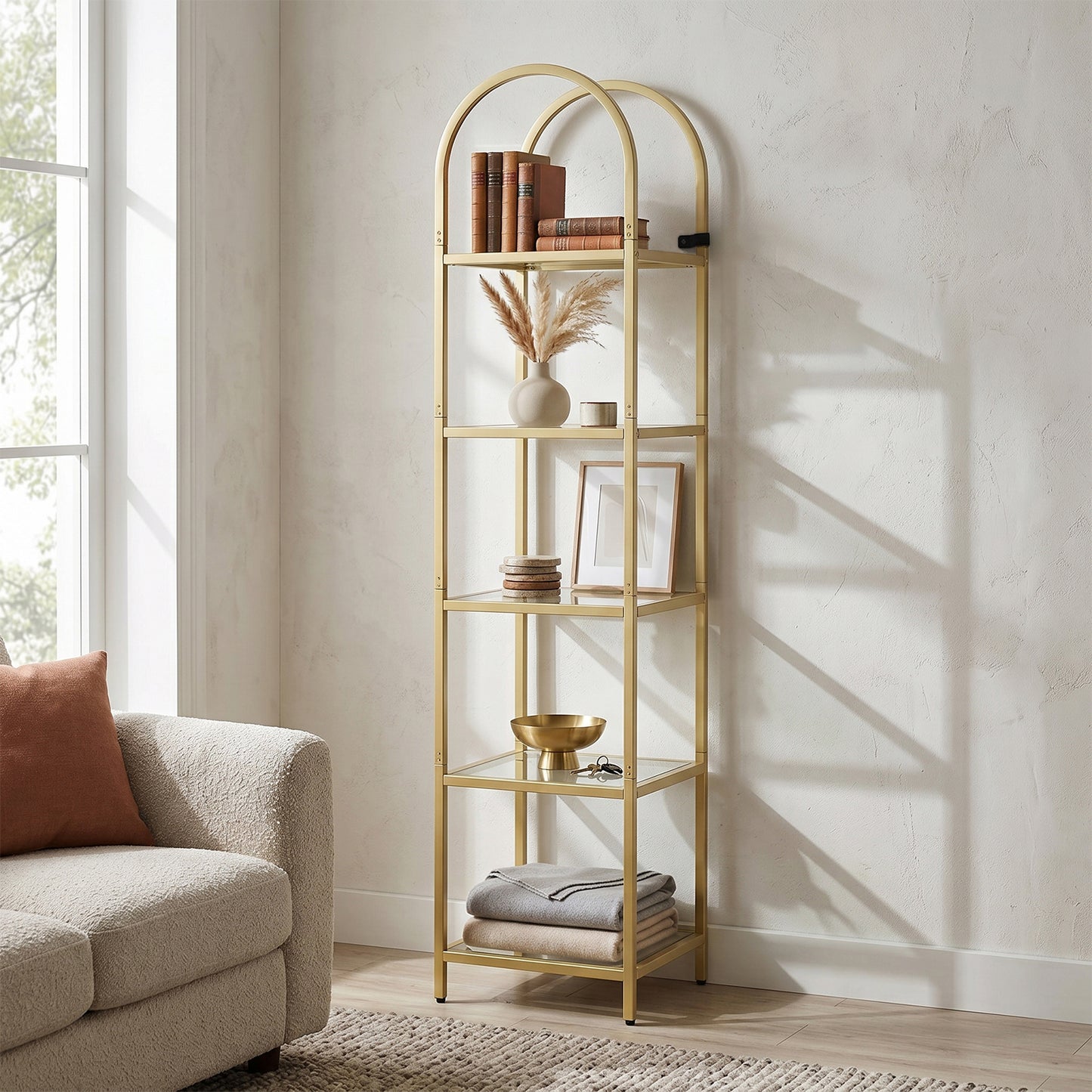 Gold 5-Tier Open Bookshelf - Modern Metal & Tempered Glass