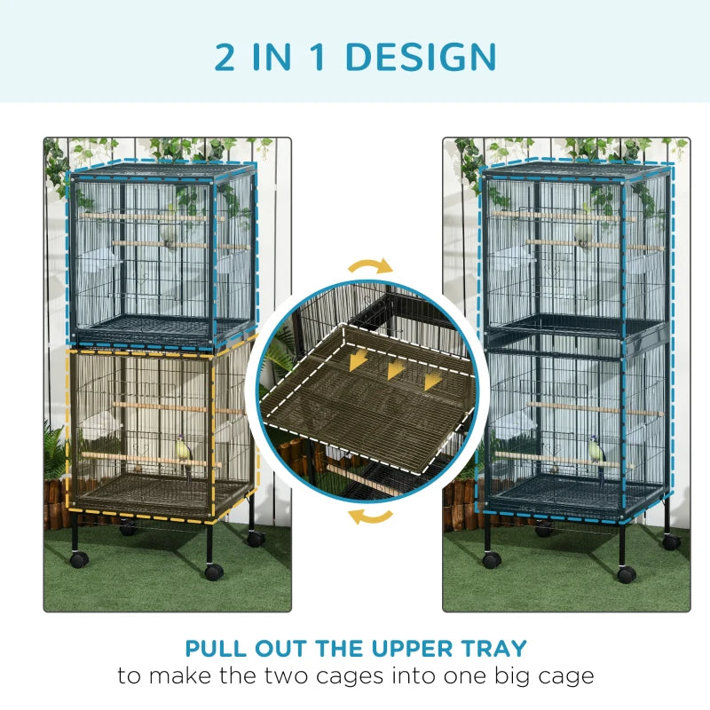 2-in-1 Bird Cage Aviary with Wheels for Finches and Parakeets, Black