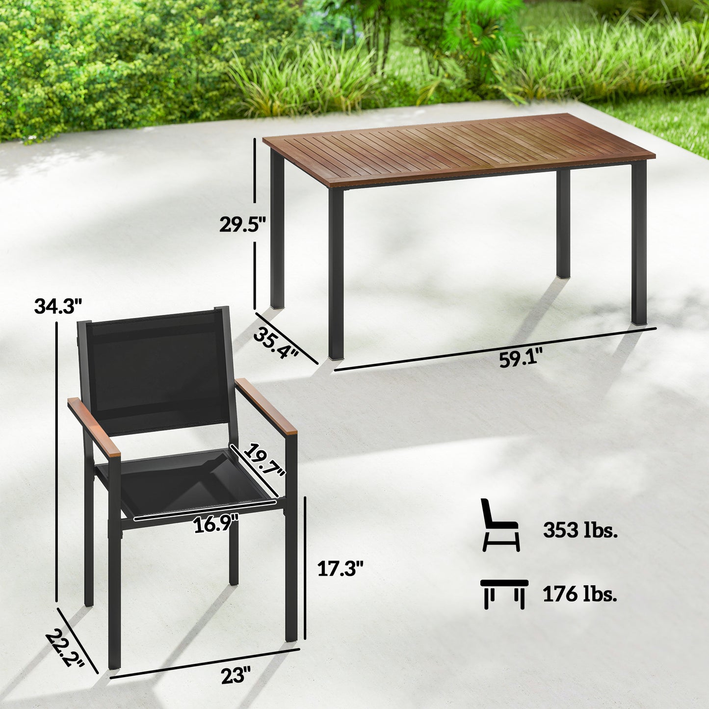 Outdoor Dining Set for 4 - 59" Acacia Wood Table & Stackable Chairs