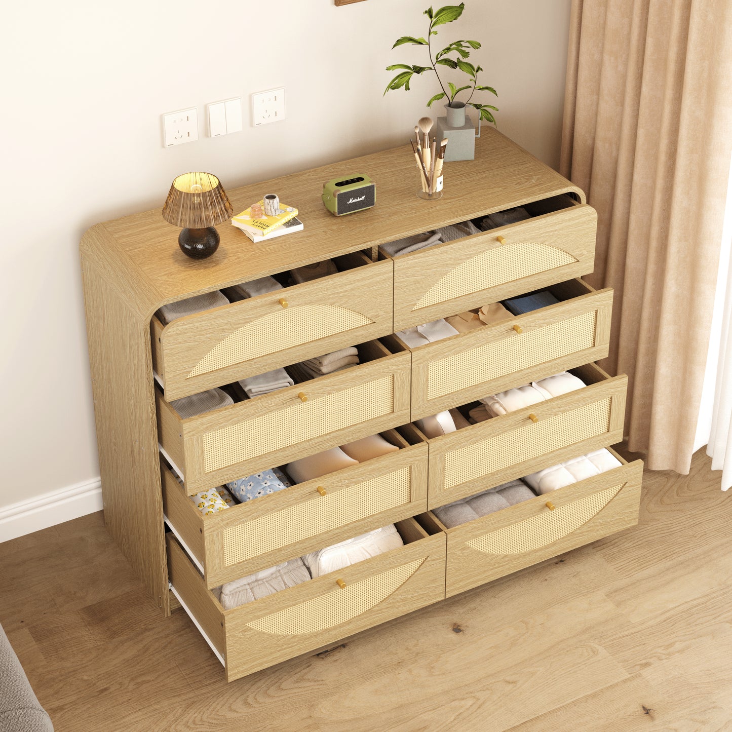 Natural 8-Drawer Dresser with Rattan Front - Wide Storage Cabinet