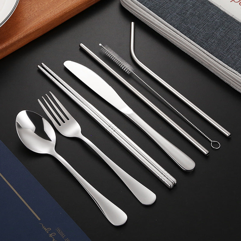 Portable Stainless Steel Cutlery Set - Multi-Color, 8-Piece Travel Dinnerware