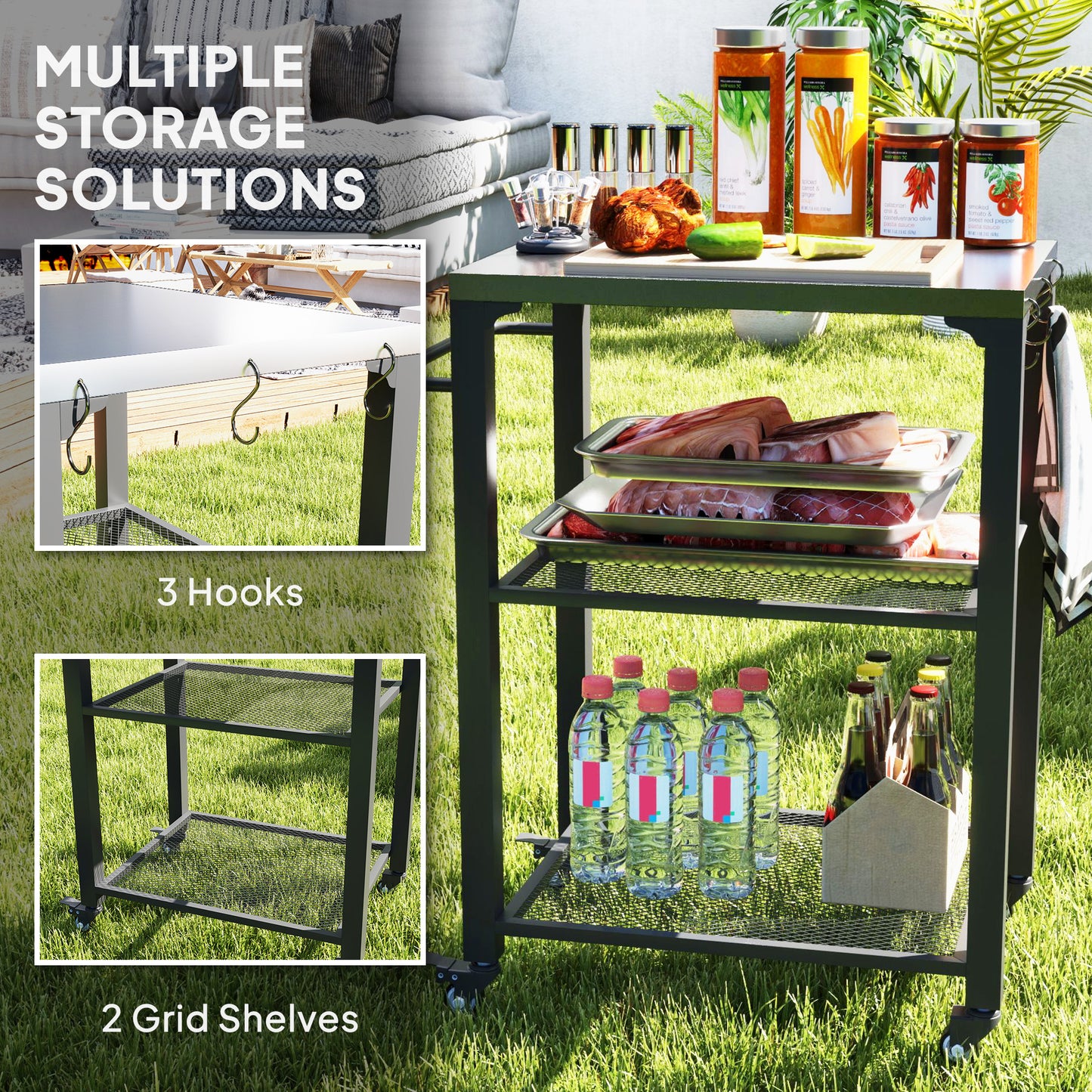 Stainless Steel Outdoor Grill Cart with 3 Shelves & Wheels