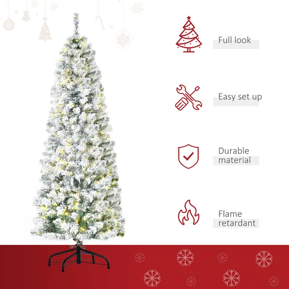 6 Ft Pre-Lit Snow-Flocked Slim Douglas Fir Christmas Tree - Green