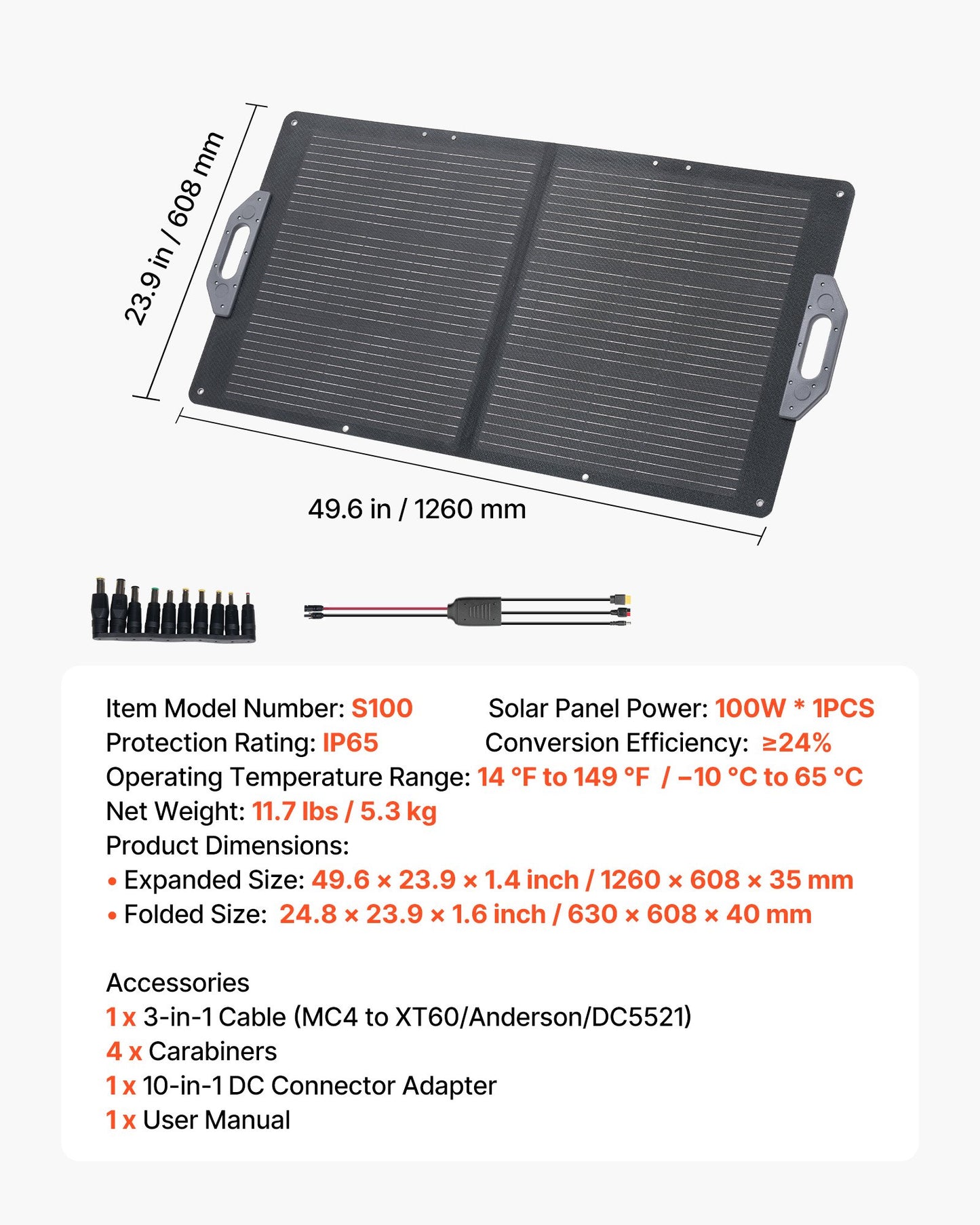 100W Foldable Solar Panel Charger with USB-C & MC4 Output for Camping & Power Stations - Black
