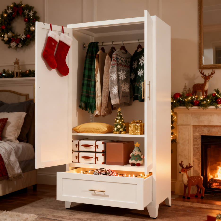 60-Inch Tall Metal Wardrobe Cabinet with Drawer & Shelf - White