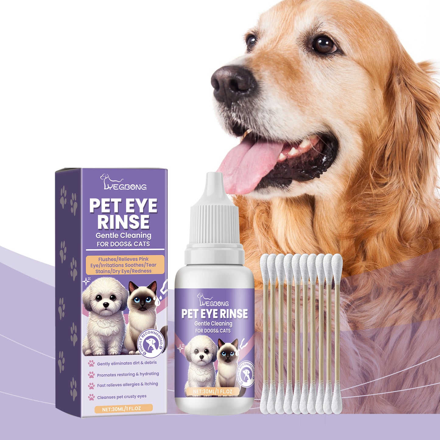 Pet Eye Rinse Solution for Dogs & Cats with Hyaluronic Acid & Honeysuckle 30ml + Cotton Swabs