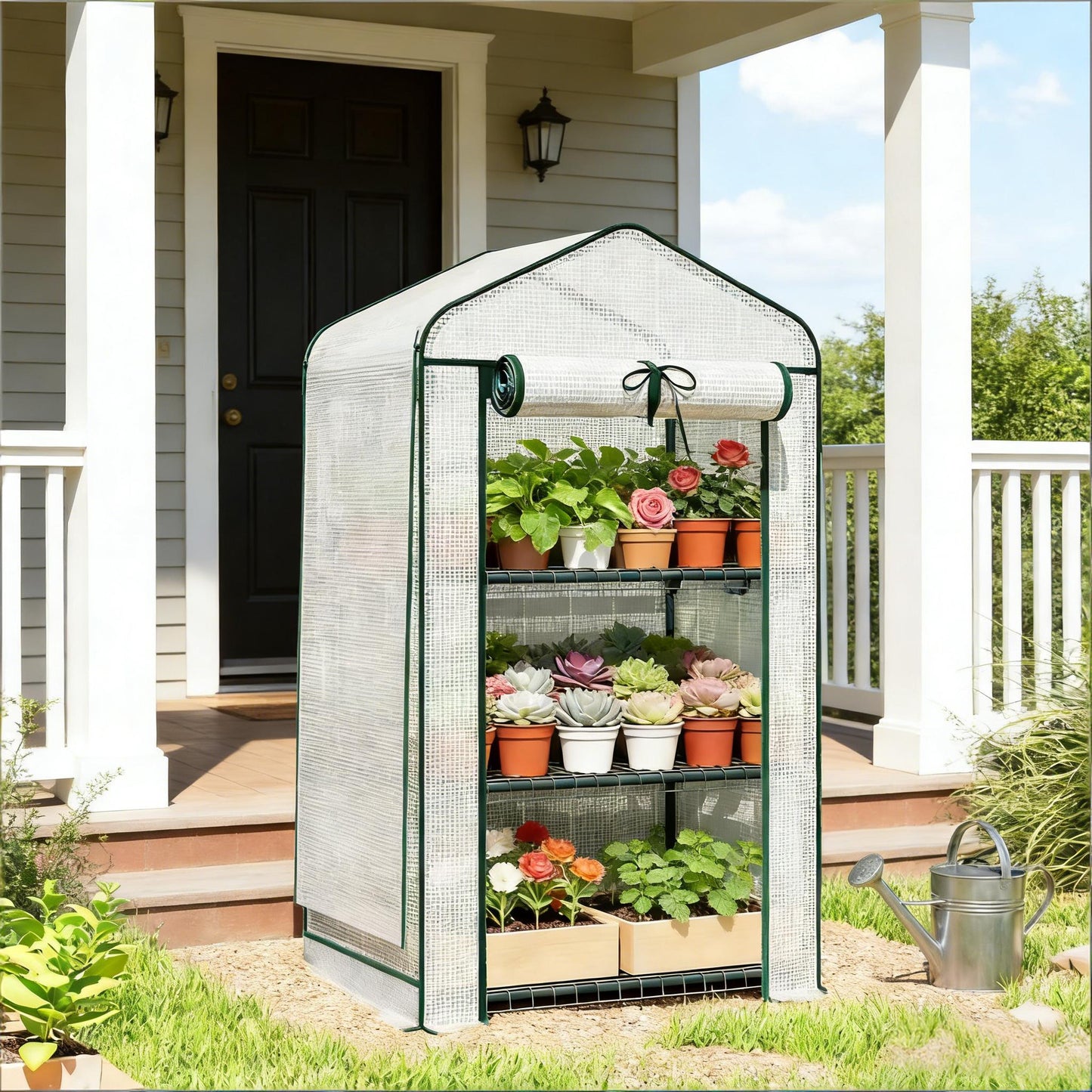Portable Mini Greenhouse - Dark Green & White, 3-Tier Design