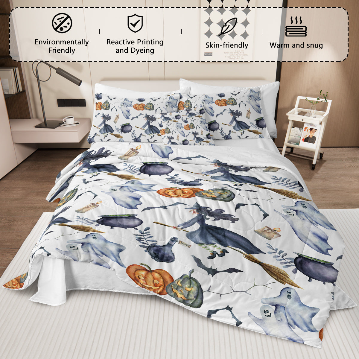 Halloween Comforter Set - 8 Piece Bed In A Bag with Witch Pattern