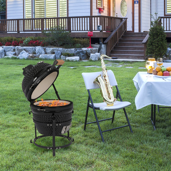 13in Round Charcoal Ceramic Grill Black for Outdoor Barbecue
