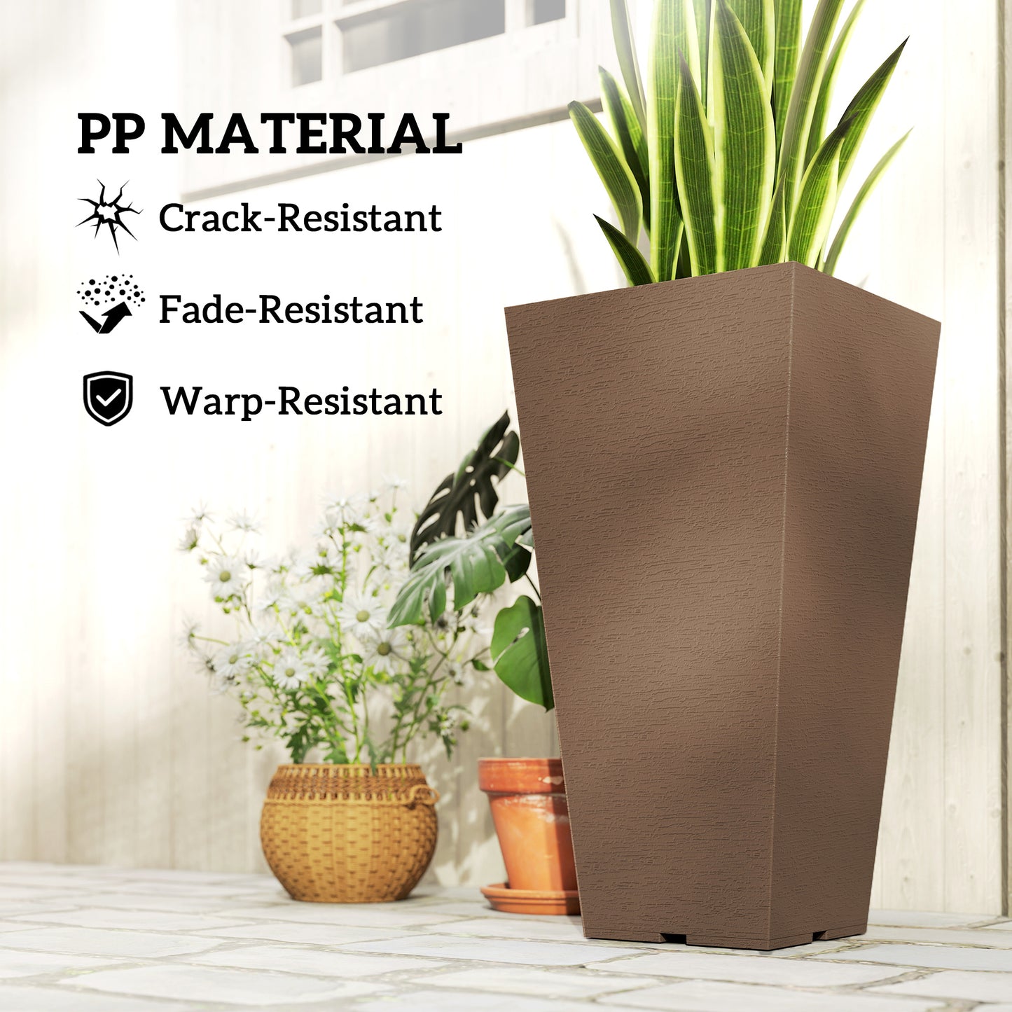 Tall Outdoor Plant Pots Set of 2 - Brown Plastic Flower Planters for Garden & Patio