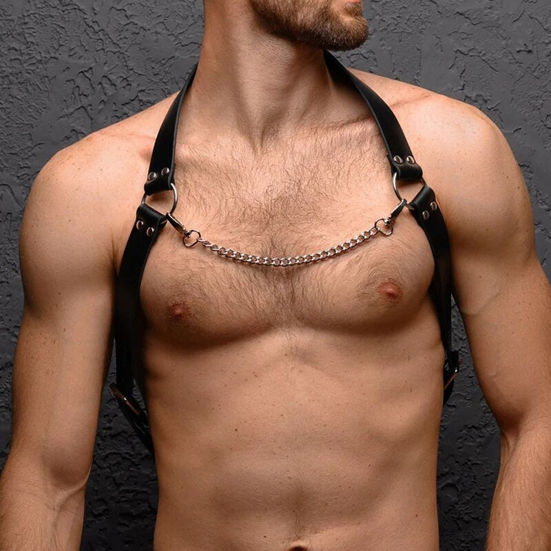 Men's Leather Chain Belt with Chest Strap - Punk Style Black Leather Accessory