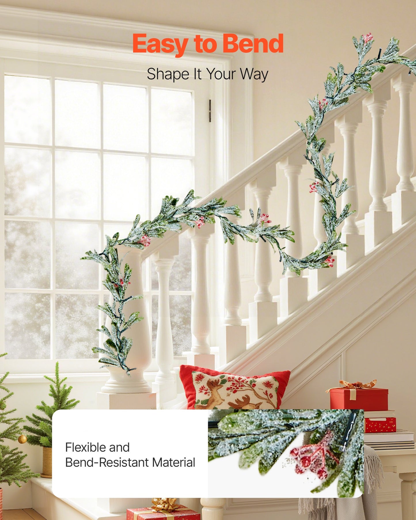 6.6Ft Christmas Garland with Vines, Olive Leaves, Berries & Warm White LED Lights