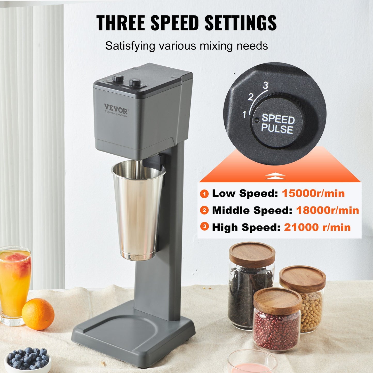Commercial Milkshake Maker Machine 375W with 3-Speed Stainless Steel Cup - Grey