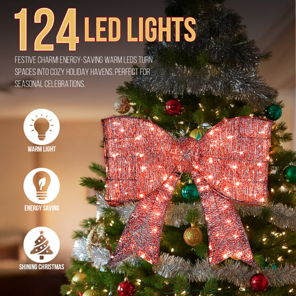Giant Pre-Lit Christmas Bowknot Decoration with 124 LED Lights - Red