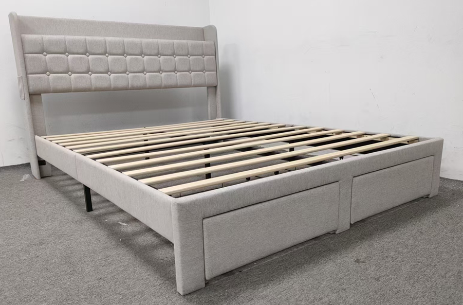 Full Size Upholstered Bed Frame with 2 Storage Drawers - Beige
