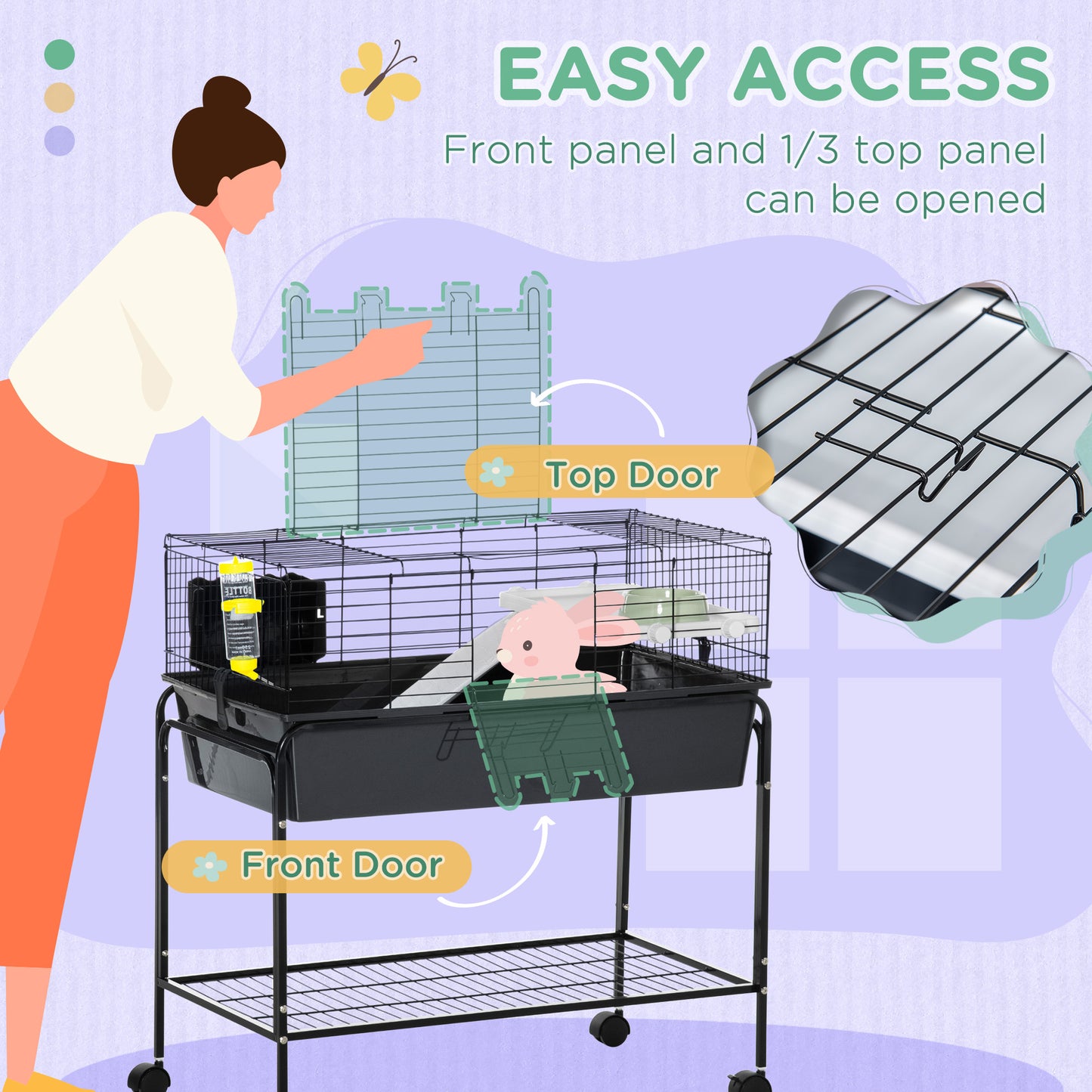 Small Animal Cage with Removable Stand, Wheels & Shelf - 33x18.5x35 in Charcoal Gray