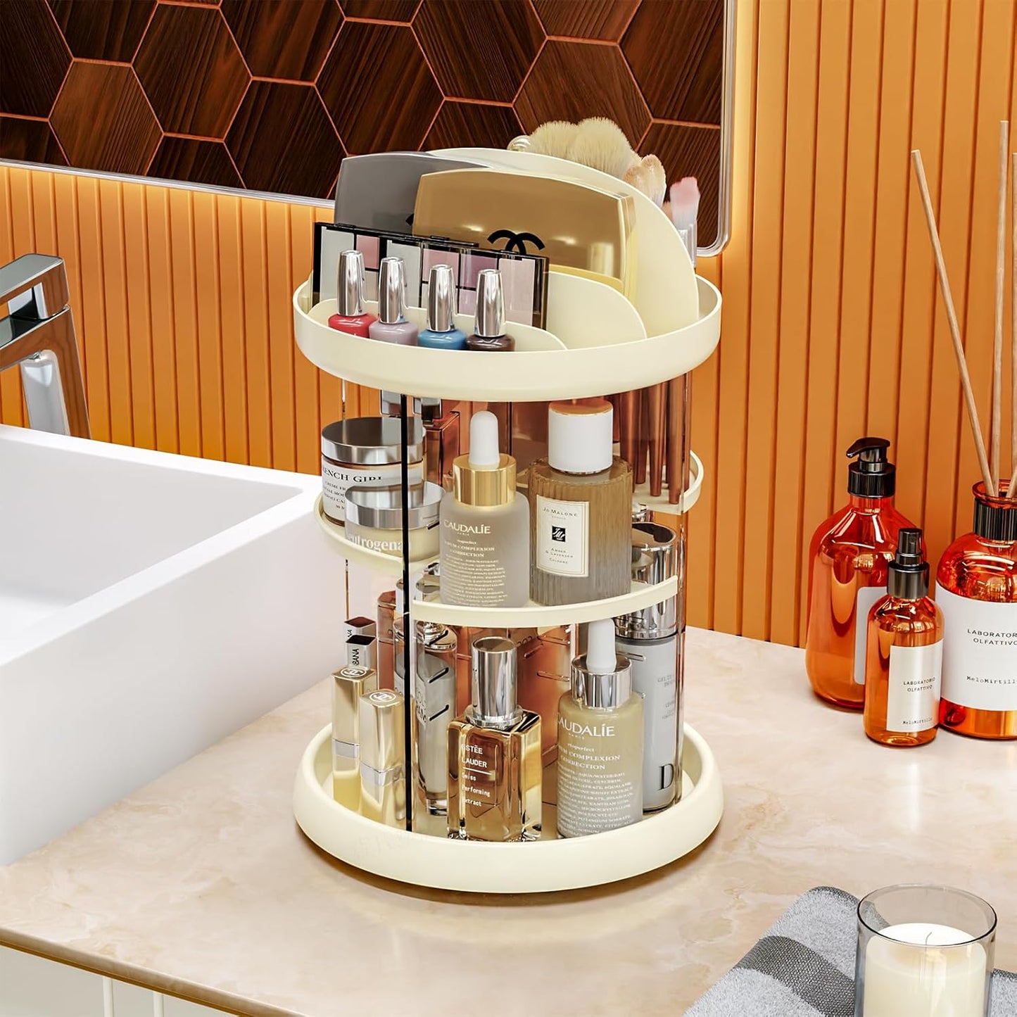 360 Rotating Makeup Organizer with Adjustable Shelves Clear Acrylic Vanity Storage