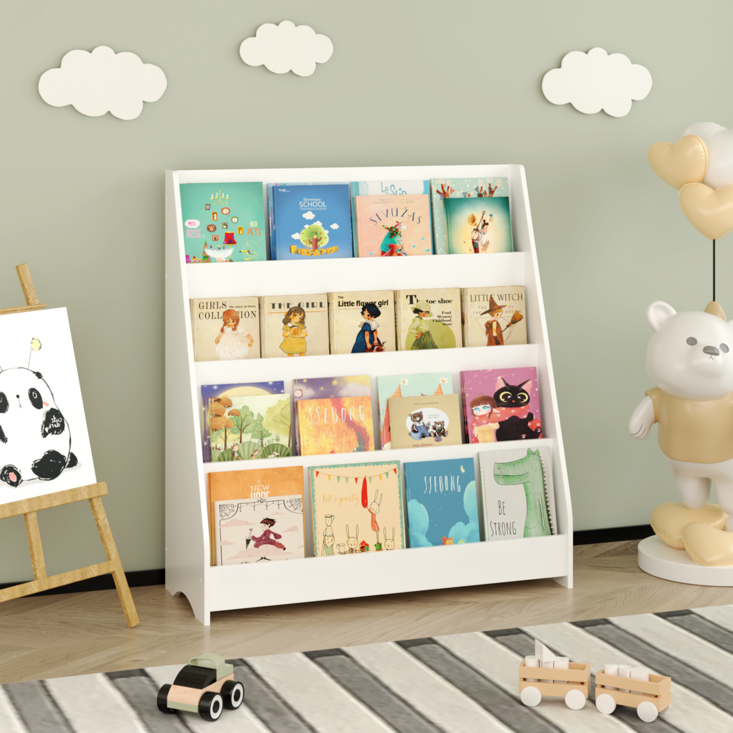 4-Tier Kids Bookshelf - White MDF Book Display Organizer