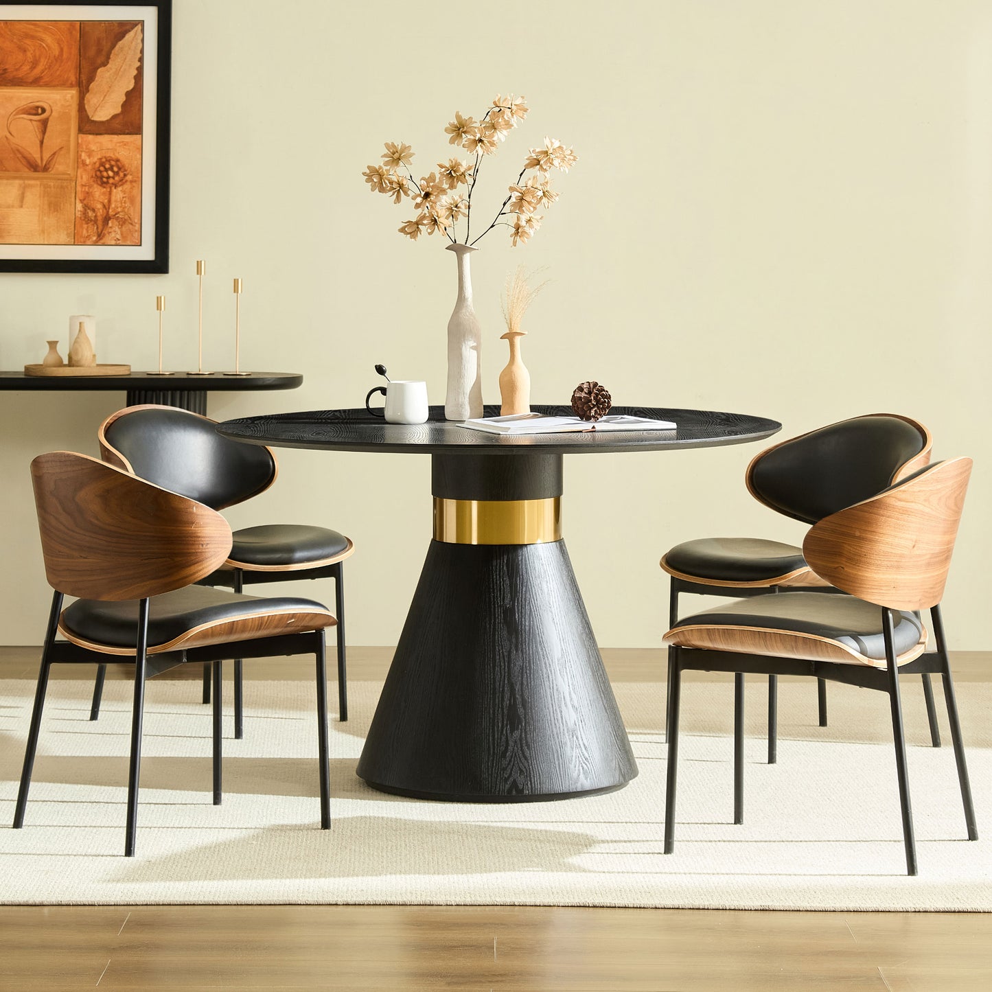Round Dining Table with Black Pedestal Base & Gold Trim - 47.24"