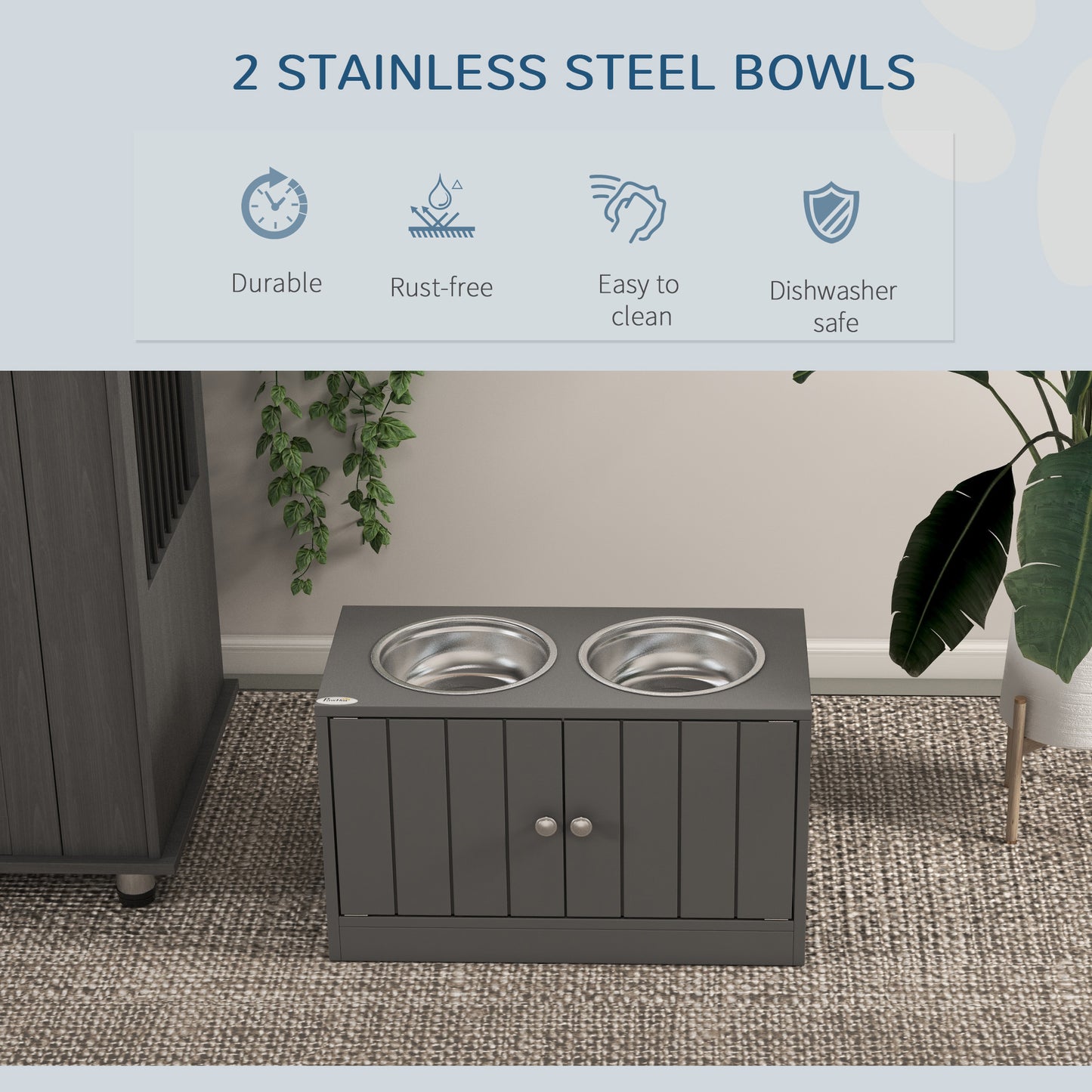 Elevated Dog Feeder with Storage Cabinet - Large 44L Capacity, Gray