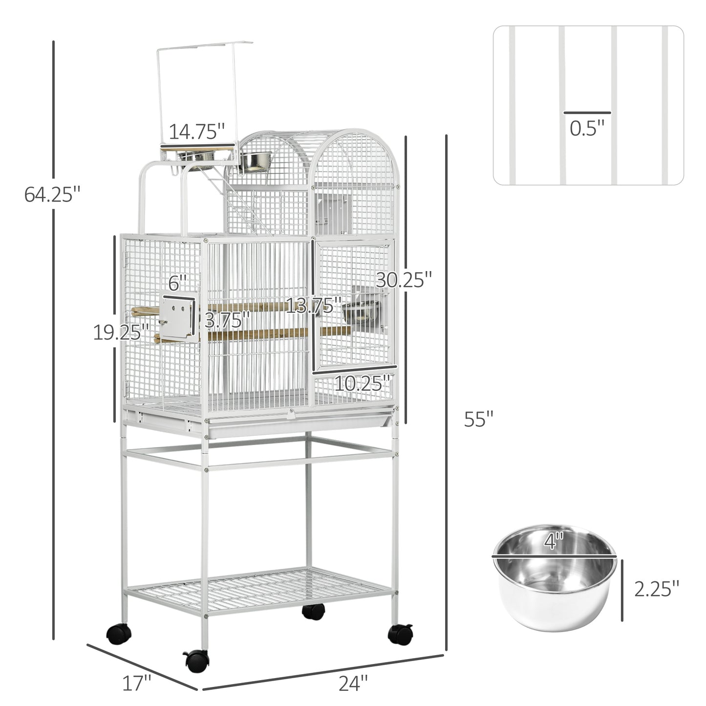 Large 55-Inch Parrot Cage with Rolling Stand, Perches & Food Cups