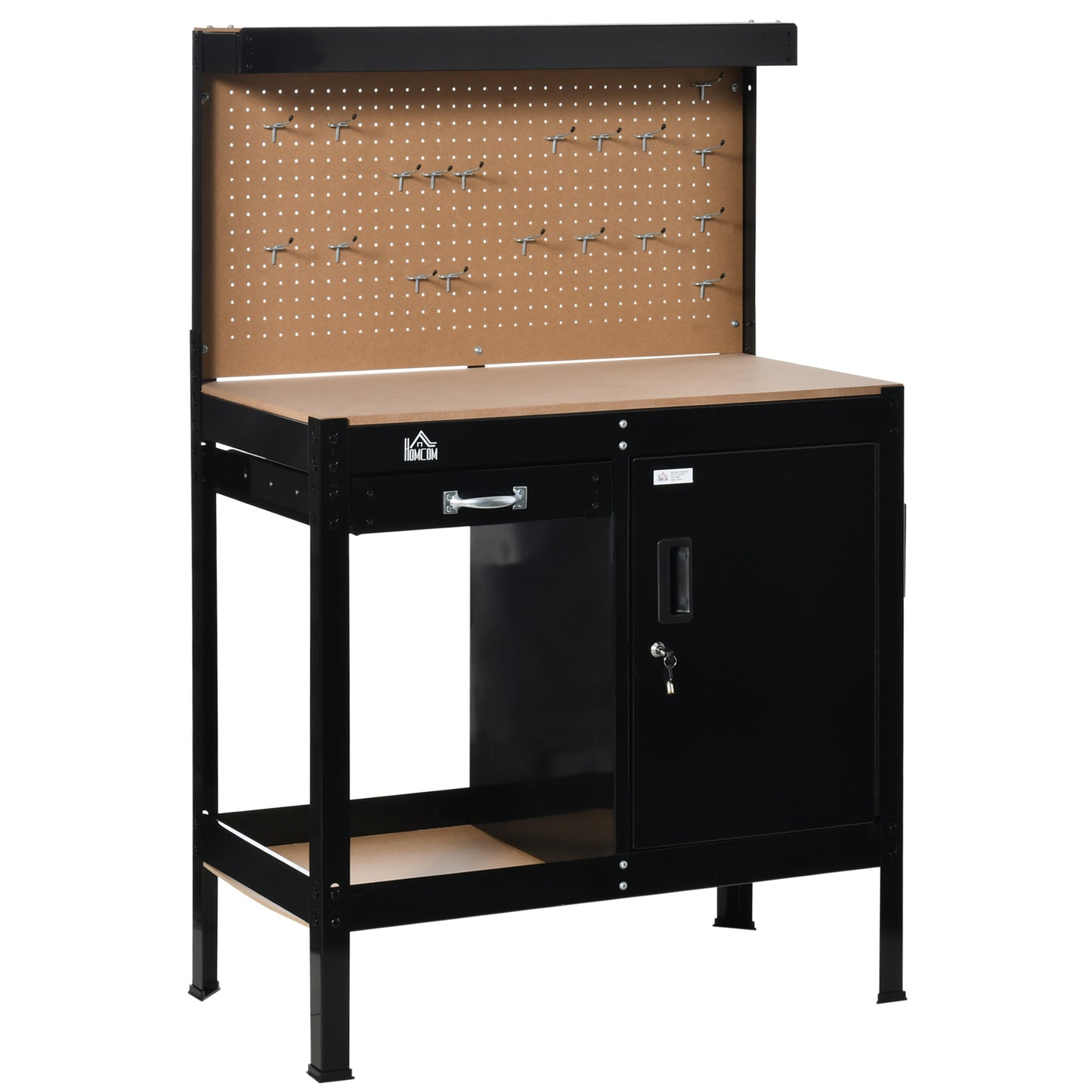 Multipurpose Workshop Workbench with Pegboard Drawer Cabinet Steel Frame Black 1190x580x125mm