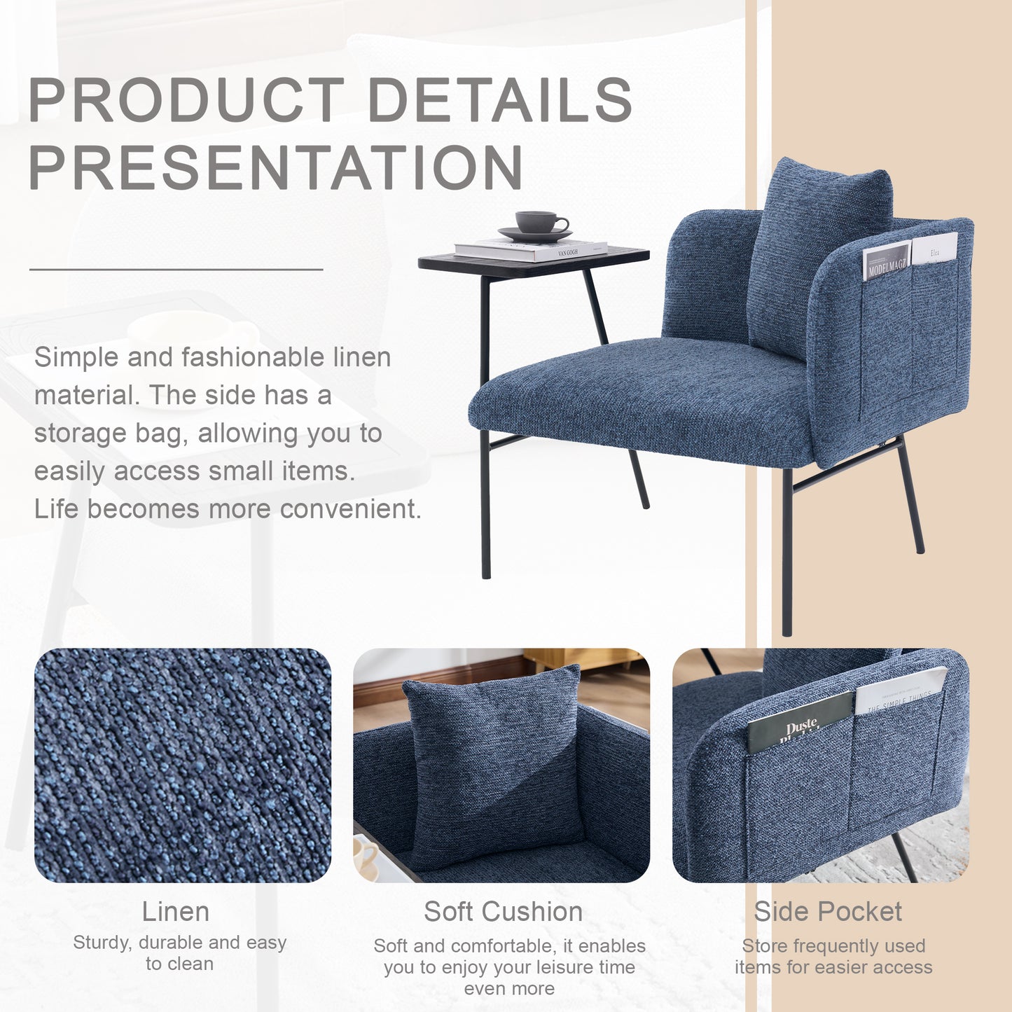 Navy Leisure Chair with Table & Back Pillow - Modern Upholstered Sofa