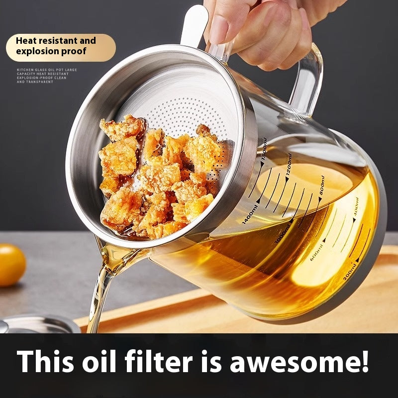 Glass Oil Drain Pot with Stainless Steel Cover - Household Kitchen Oil Filter Jar
