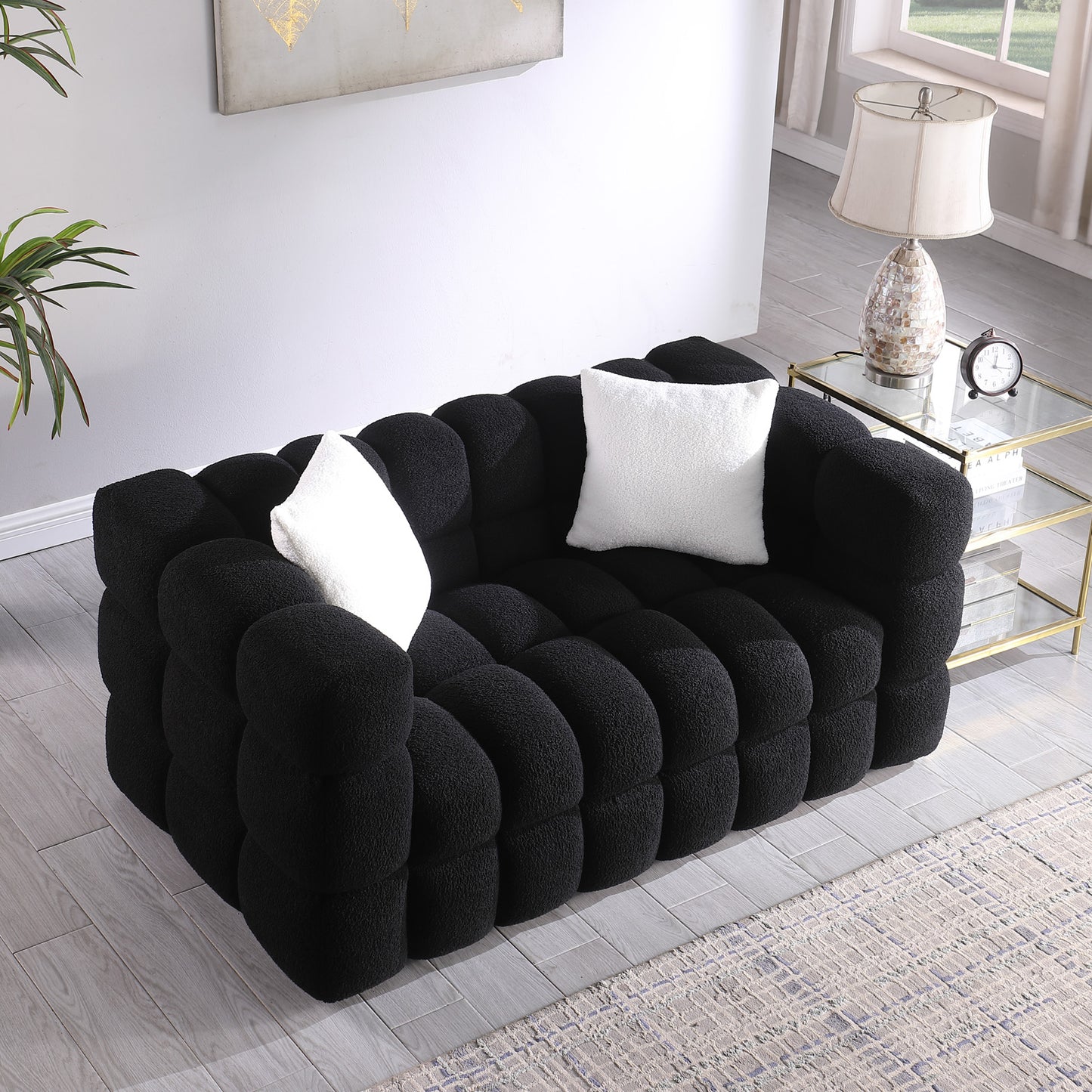 Boucle Sofa - 2 Seater, Black, Marshmallow Design, 62.2" Length
