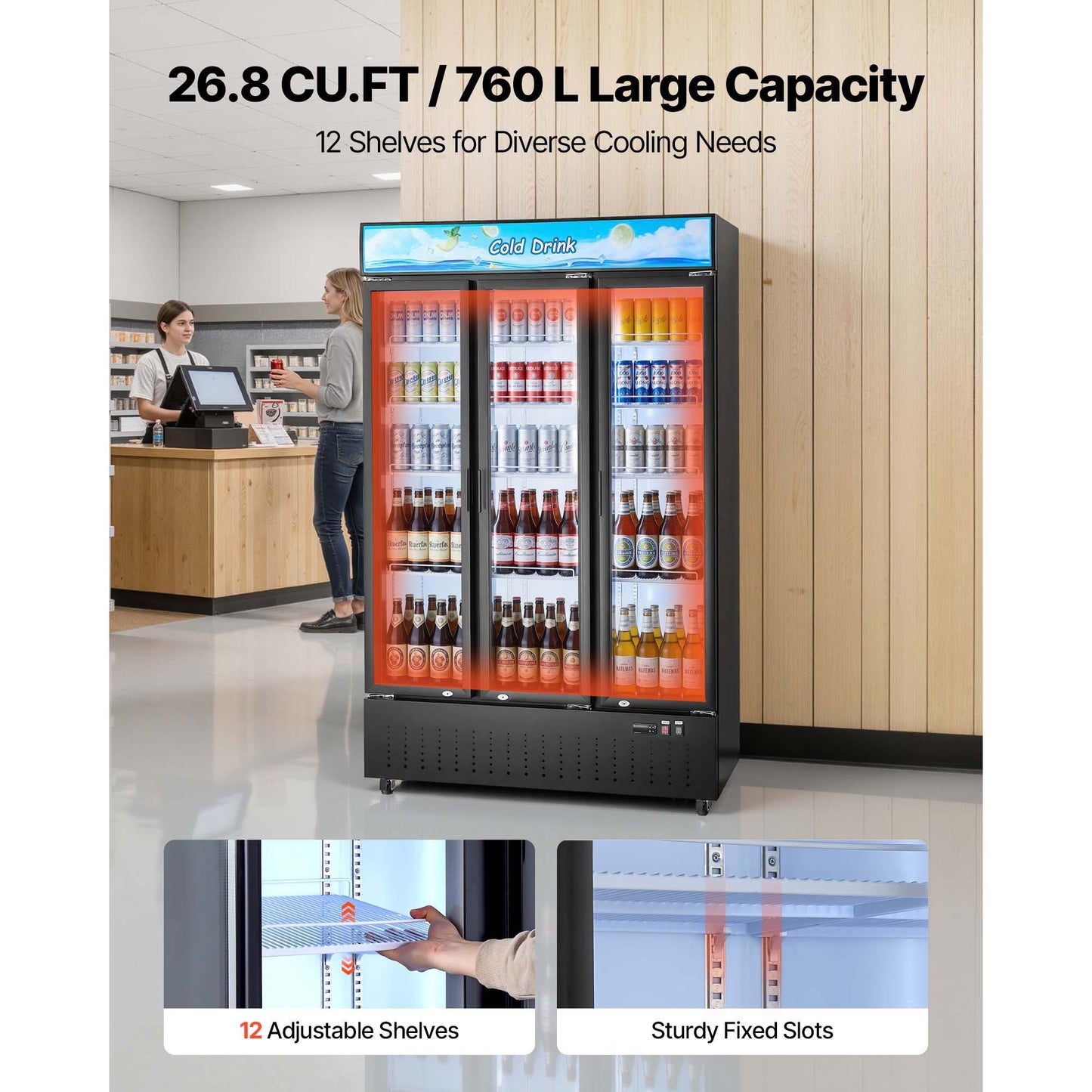 Commercial Beverage Cooler Refrigerator with Glass Doors & Adjustable Shelves