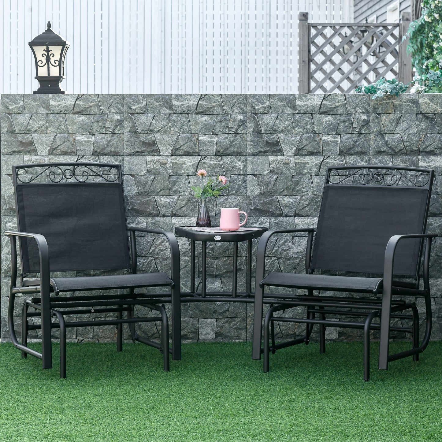 Black Outdoor Glider Chair with Coffee Table - 2-Seat Rocking Swing