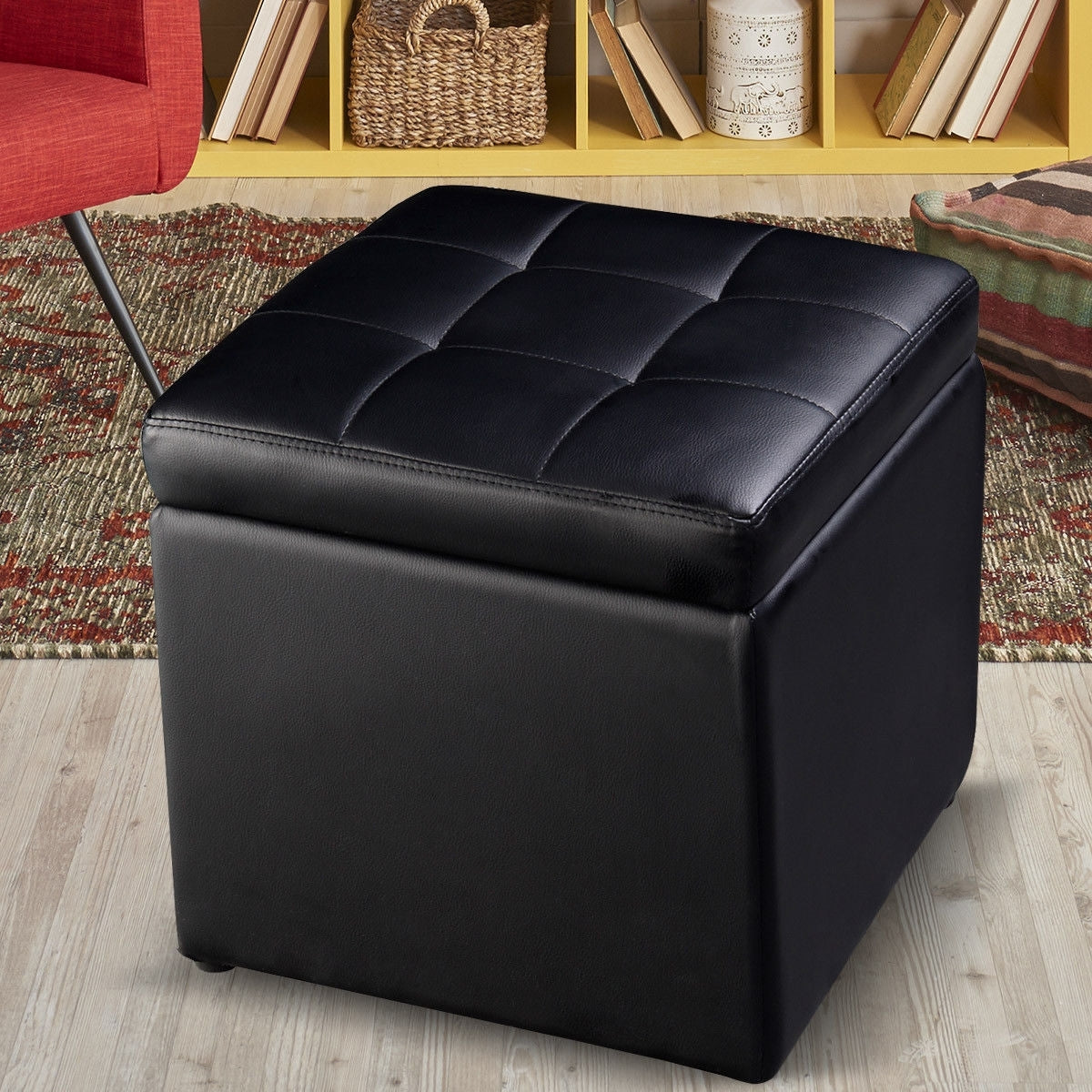 Foldable Cube Ottoman Pouffe Storage Seat - Black Faux Leather