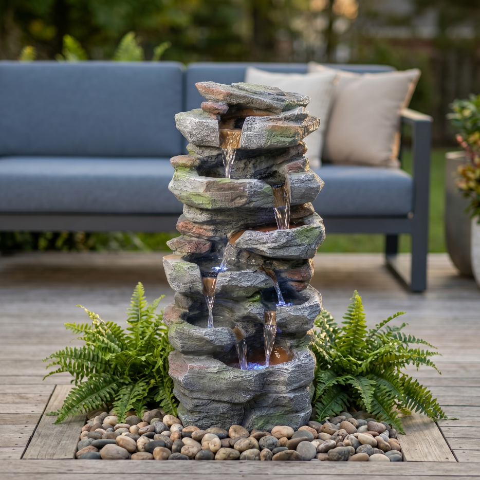 Outdoor Rock Waterfall Fountain with LED Lights for Garden Patio Lawn