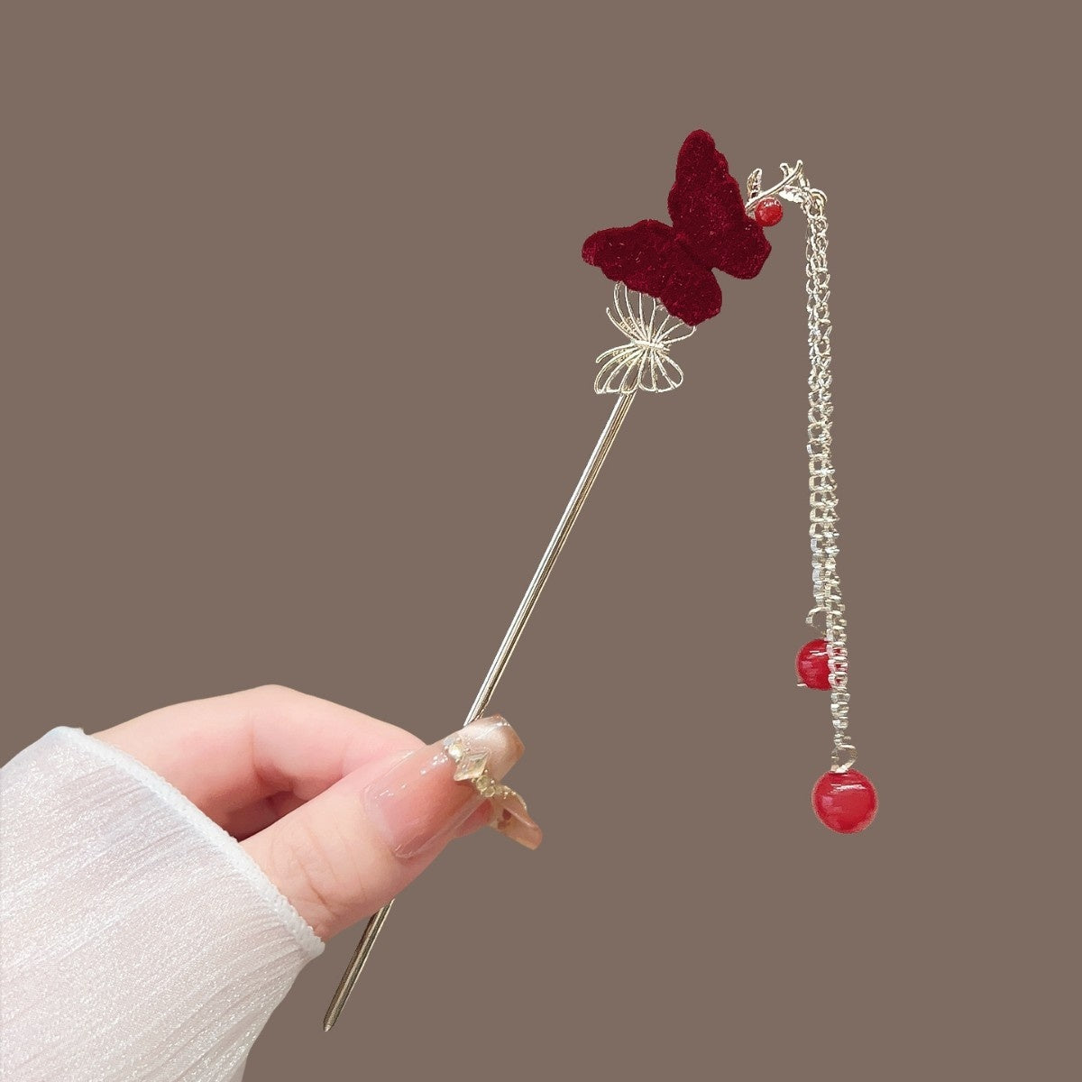 Vintage Floral Hair Stick with Red Flowers and Gold Leaves - Women’s Hair Accessory