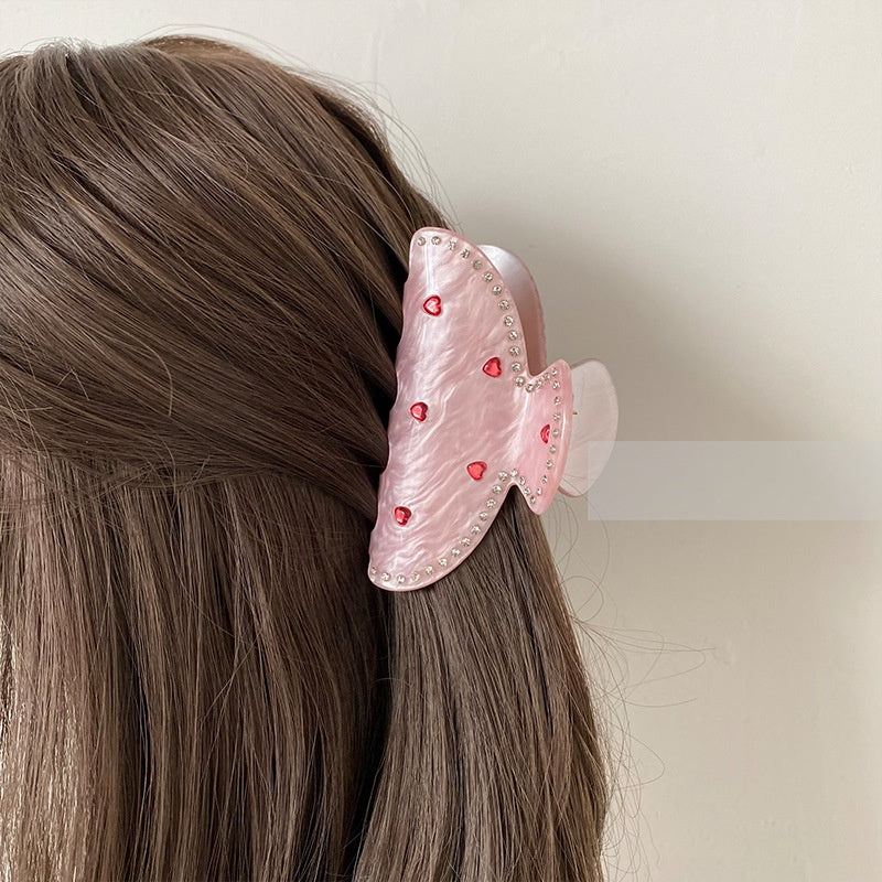 Rhinestone Love Heart Hair Clip - Pink, 10cm