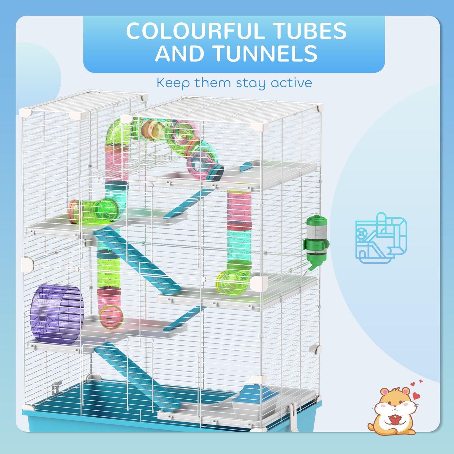 6-Tier Hamster Cage with Tubes, Ramps, Wheel & Accessories - Light Blue