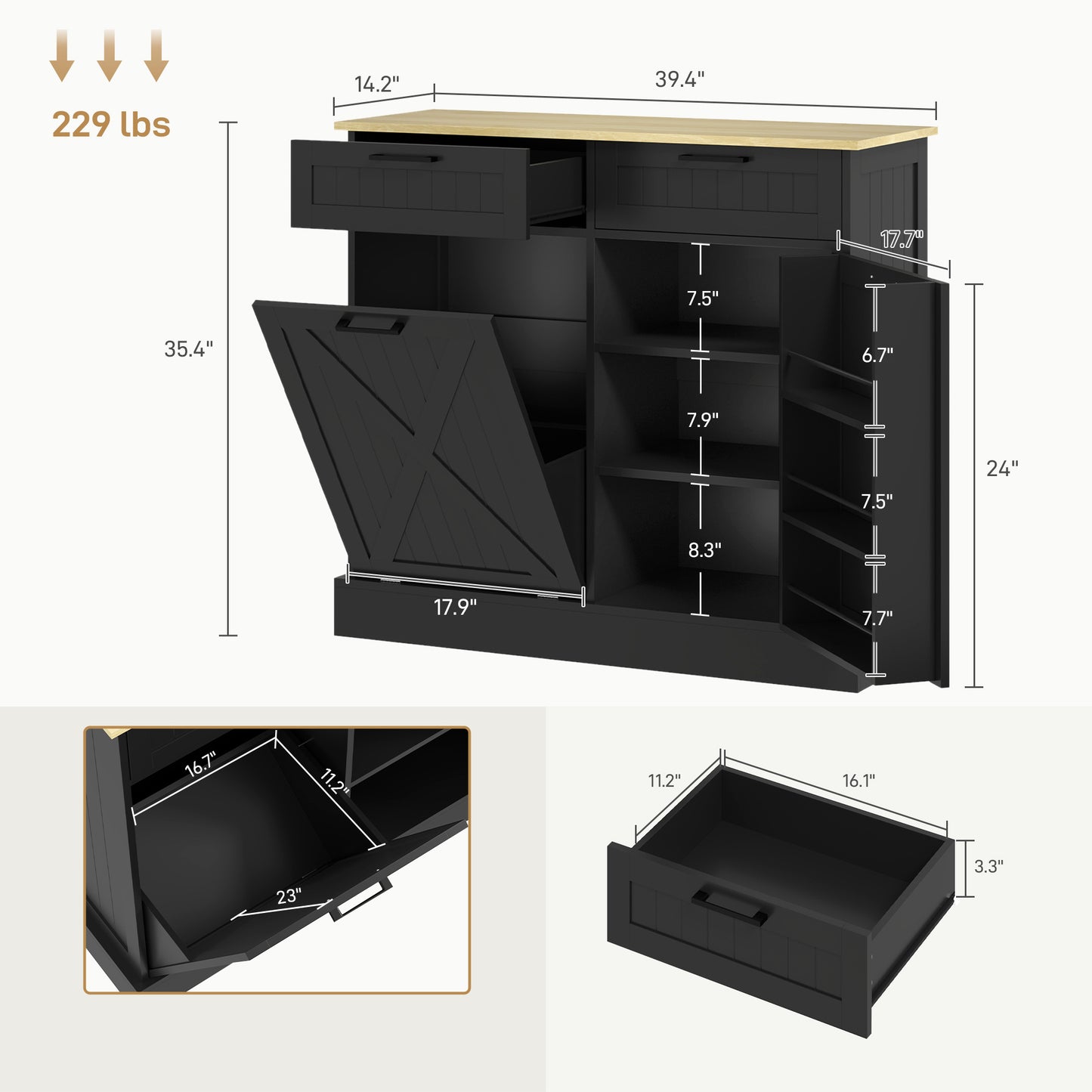 Tilt-Out Trash Can Cabinet with 2 Drawers - Black Farmhouse Style