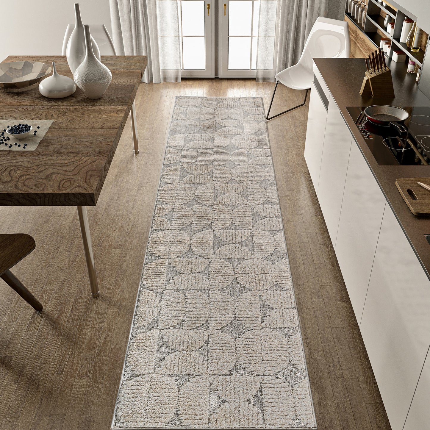 Step Collection High-Low Beige Indoor Runner Rug, 2'2''x8', Modern,