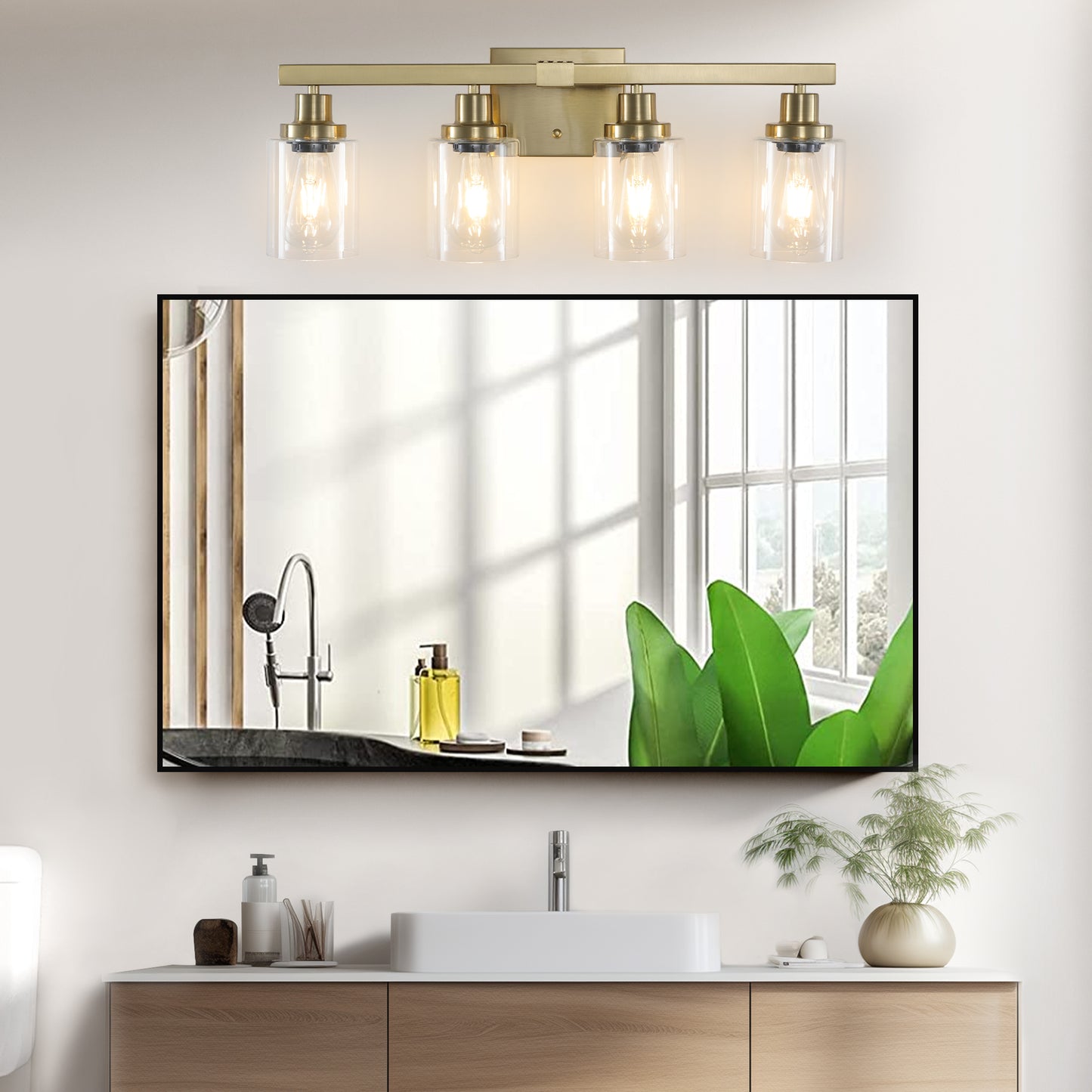 4-Light Golden Vanity Wall Light with Clear Glass Shades