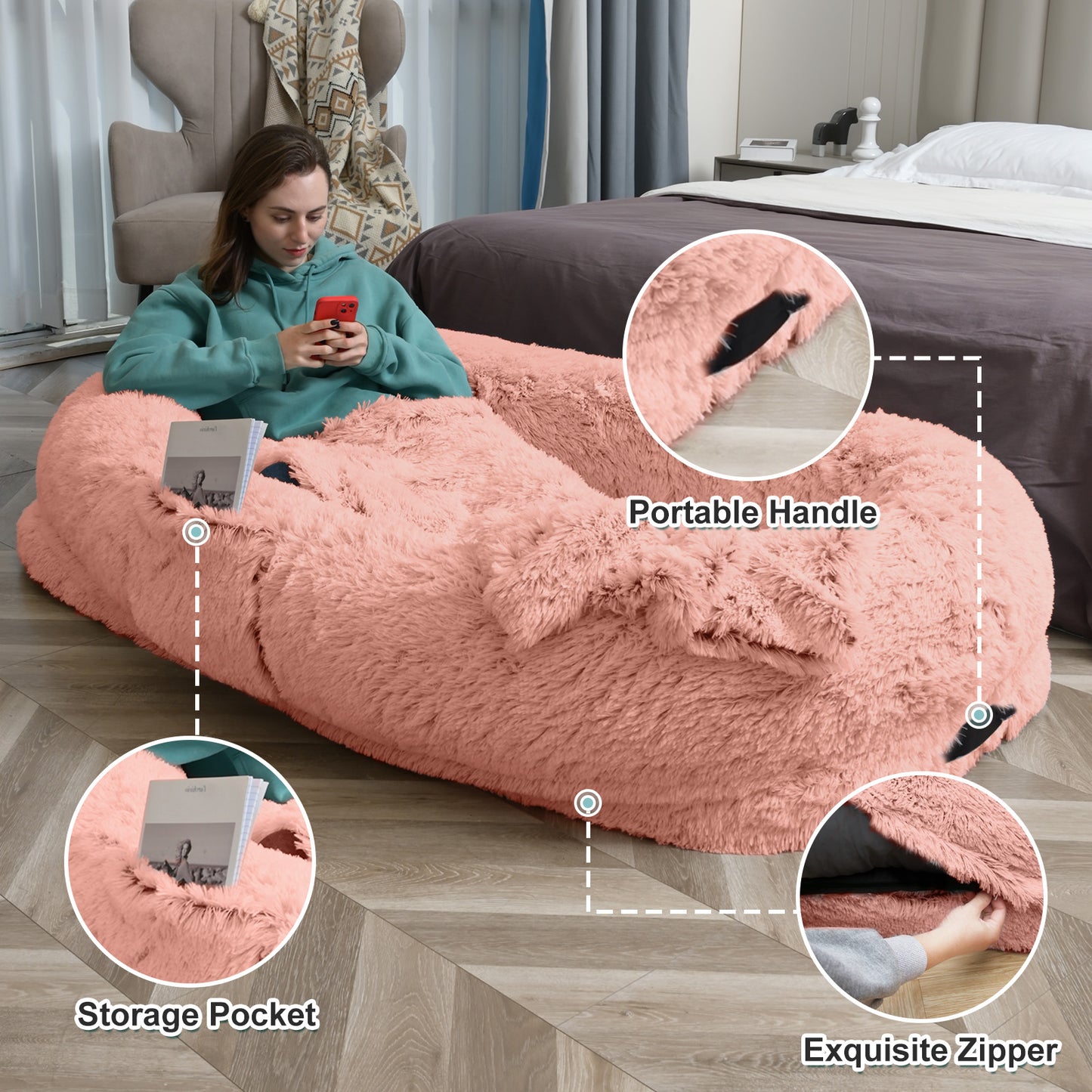 Large Washable Faux Fur Dog and Human Lounge Bed with Orthopedic Support, Pillow & Blanket