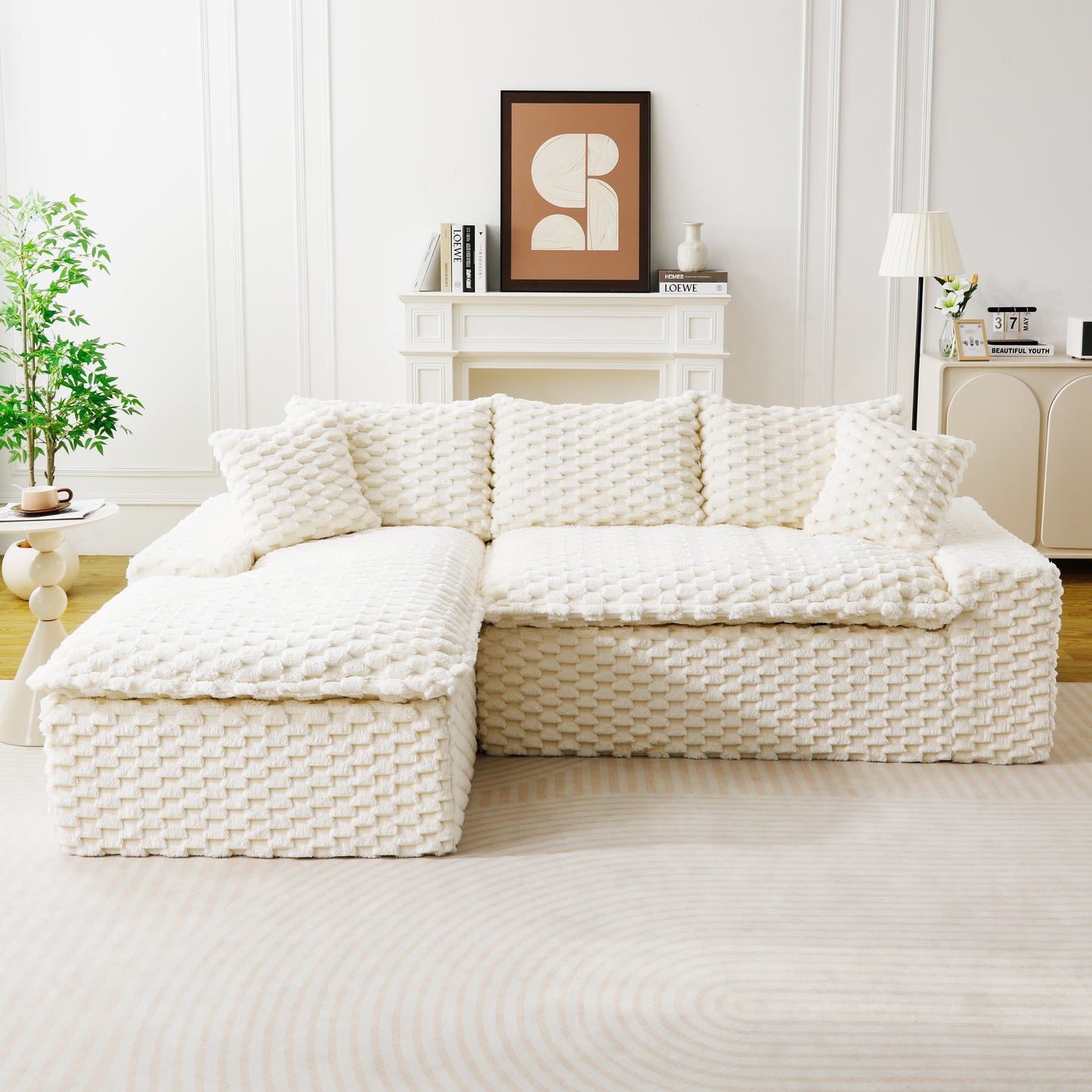 Convertible Twin-Seat Velvet Sofa with Left Chaise Lounge - White