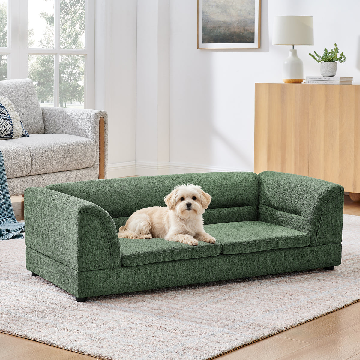 Oversized Pet Sofa Bed - Rectangular Linen Dog Couch for Large Dogs - Olive Green