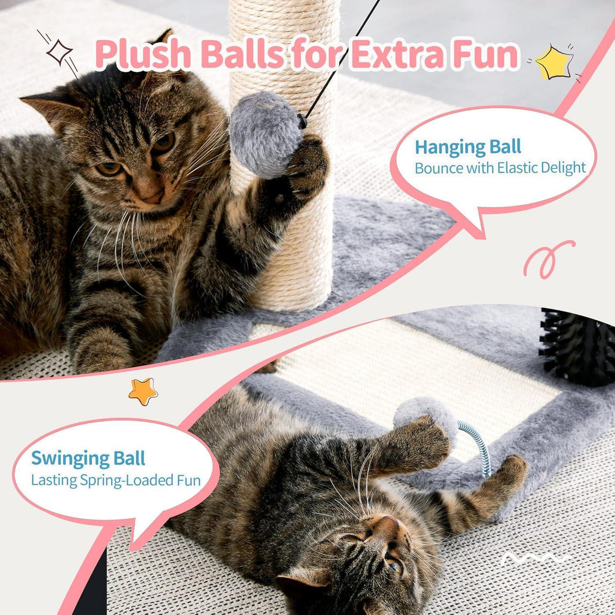 Small 4-in-1 Cat Tree Tower with Self-Grooming Brush & Sisalg Scratching Post - Grey