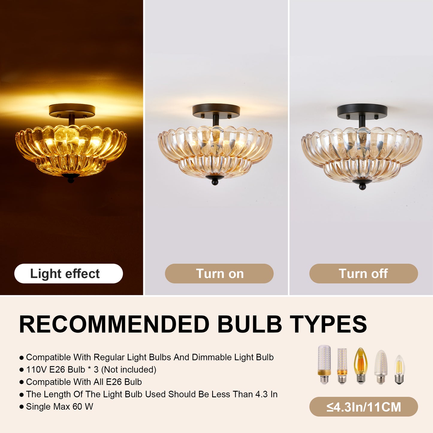 Amber Glass Ceiling Light Fixture for Living Room & Bedroom - 3 Bulb Modern Flush Mount
