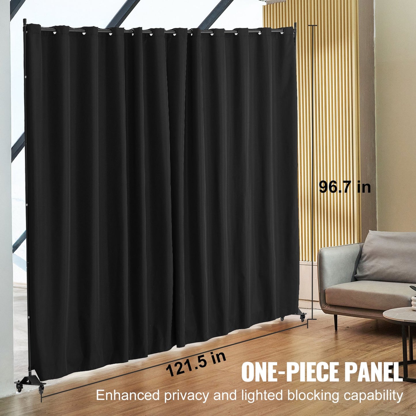 Portable Room Divider with Wheels - 96x120 Inch Privacy Screen - Black
