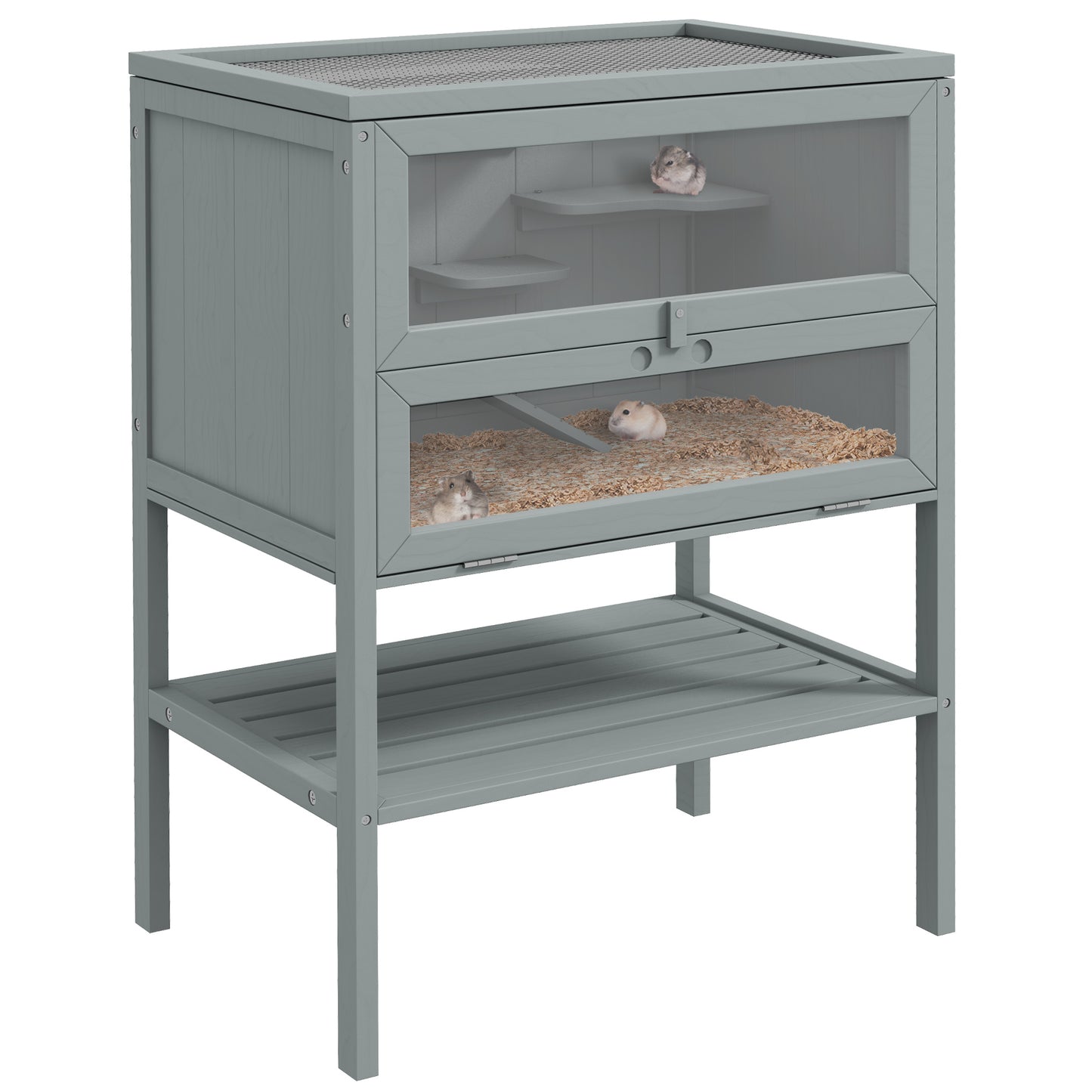 3-Tier Wooden Hamster Cage with Openable Top and Storage Shelf - Gray, 830x450x185mm