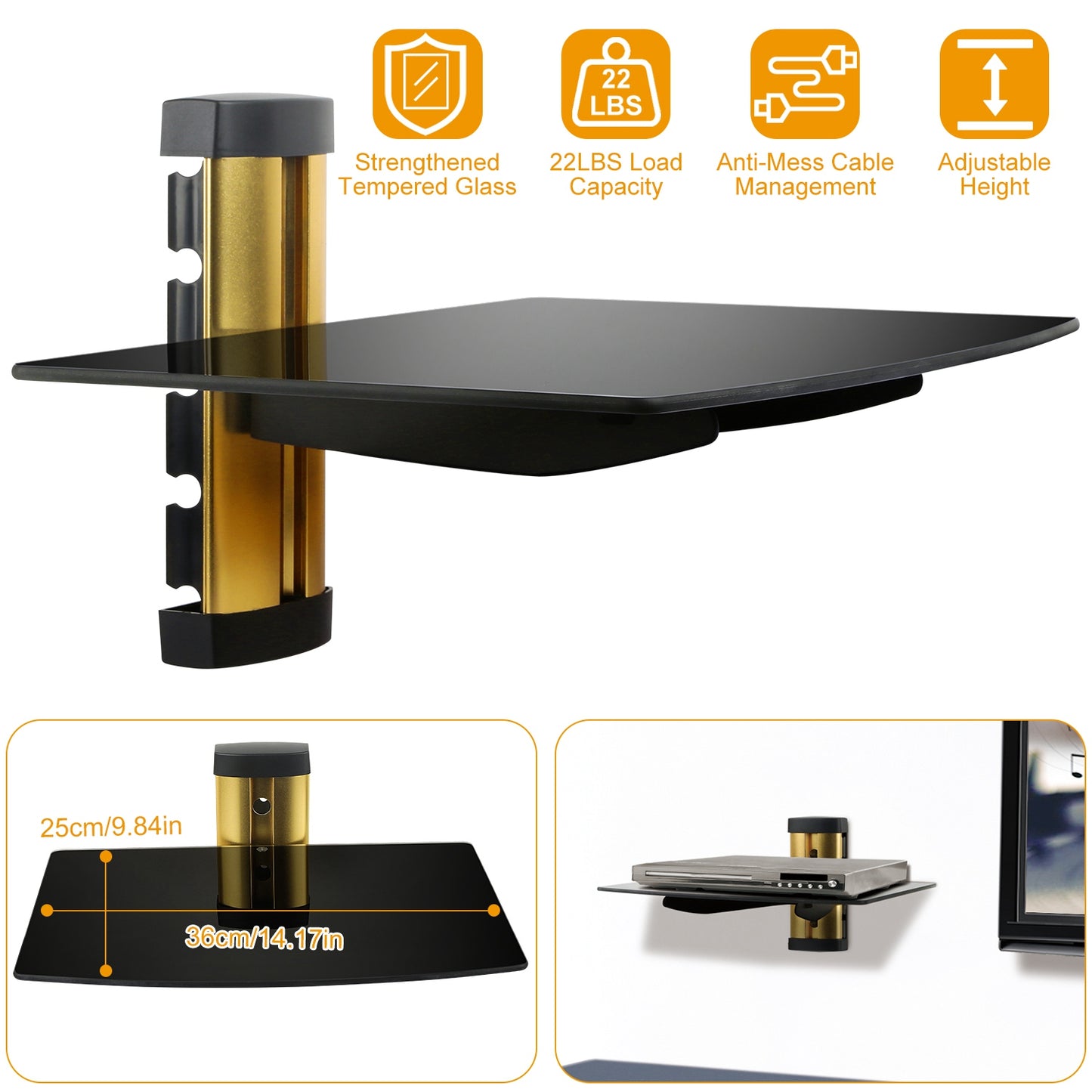 Floating Wall Shelf - Tempered Glass Storage for DVD & Cable Boxes - Gold