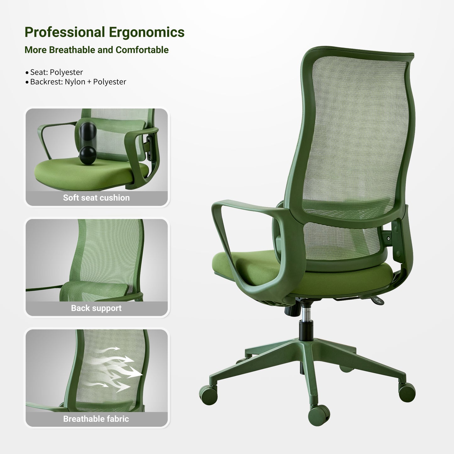 Ergonomic Green Office Chair with Adjustable Lumbar Support